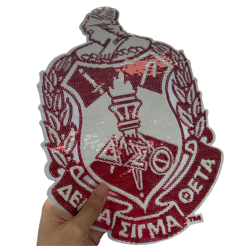 Iron on Sequined Delta Shield Patch for Pearl Jean Jacket, Sorority Shirt, DELTA SIGMA THETA Symbols, Red and White Patches