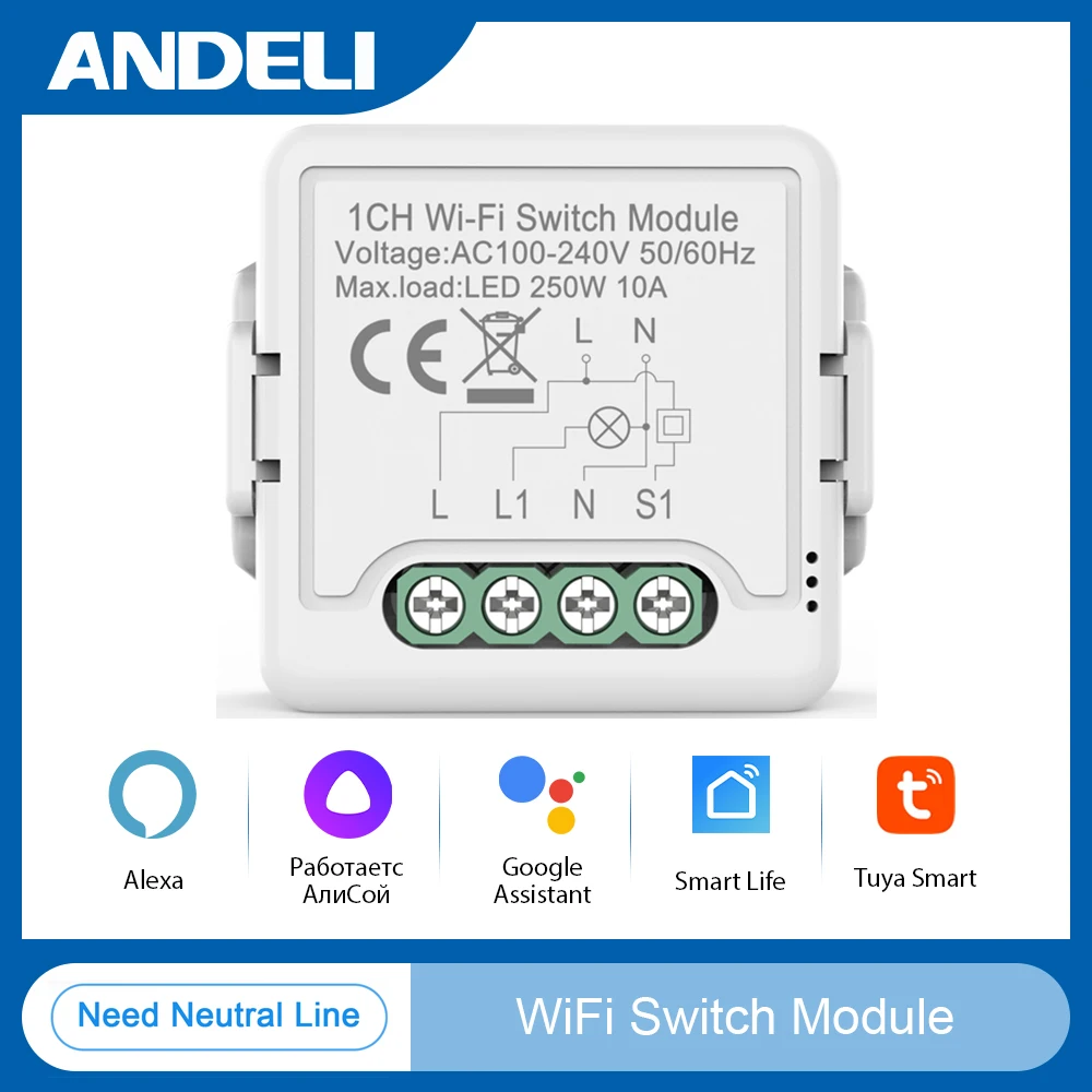 

Модуль умного выключателя ANDELI Wifi, 1-клавишный, 10А, 100-240В, DIY, работает с Smart Life, Tuya, Alexa, Google.