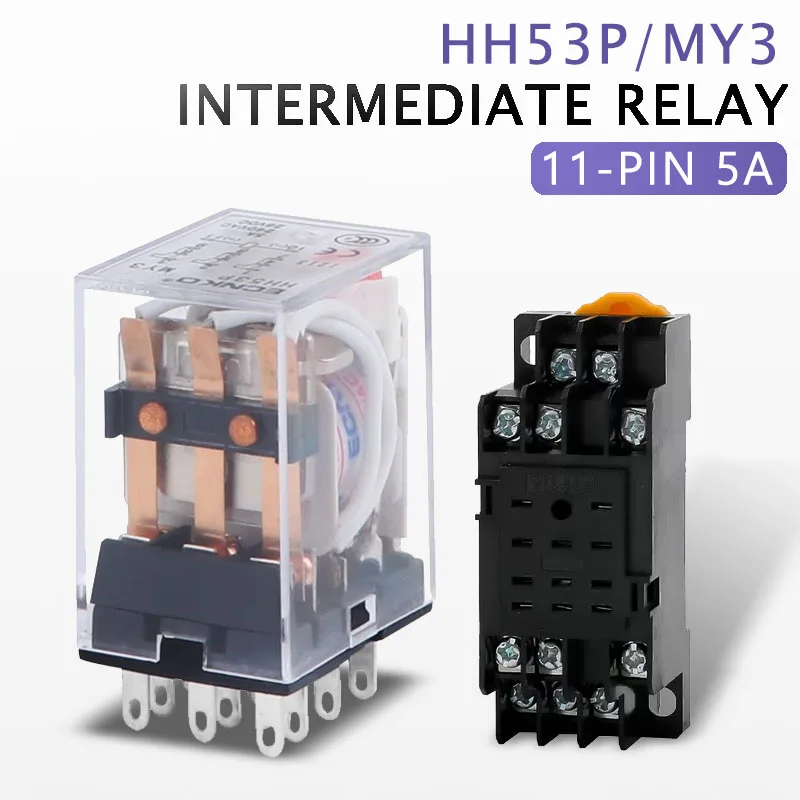 5Pcs Electromagnetic Coil General DPDT Power Relay MY3NJ 11Pins HH53P DC12V 24V AC 110V 220V Miniature Relay With PYF08A Base