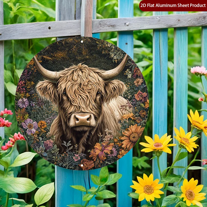 1pc Scottish Highland Cow Round Sign, Modern Round Sign, Floral Background Round Signs, Rustic Animal Art Rustic Metal Wall Art - view 4