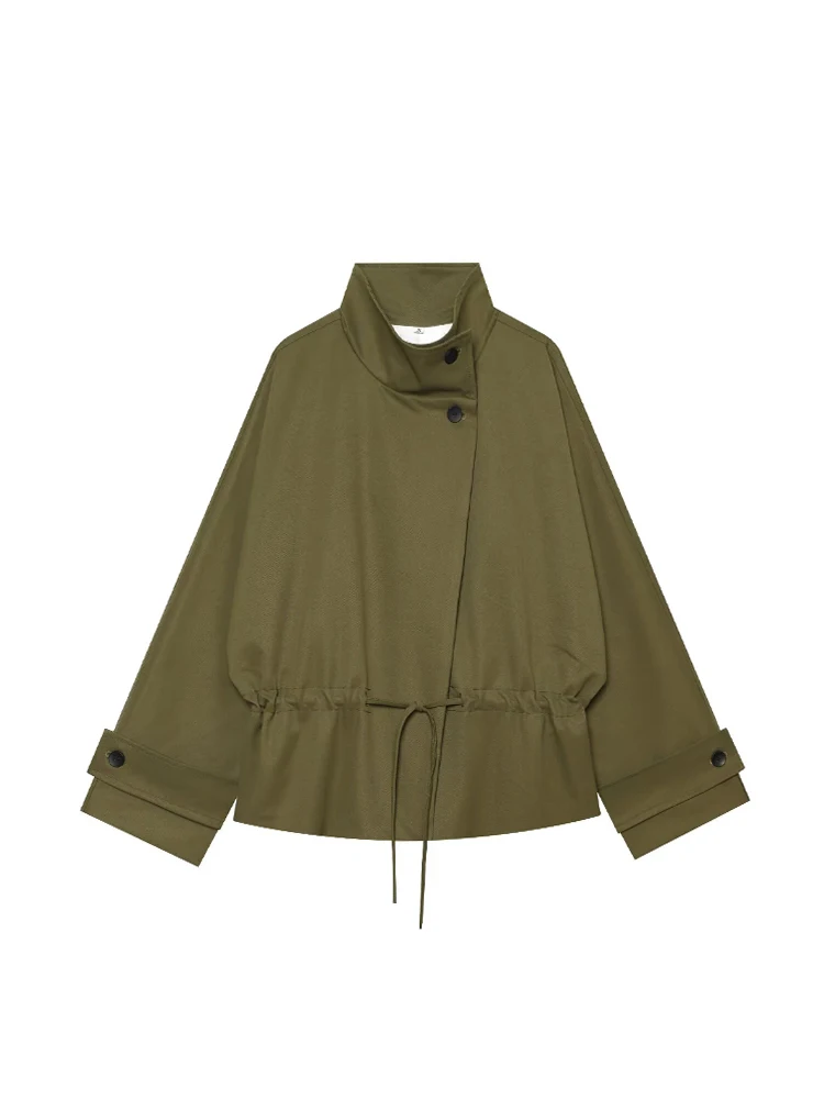 TFMLN Women Lace-Up Trench Jacket Fashion Stand Collar Autumn Commute Long Sleeves Casual Loose Fit High Waist Trench Coat