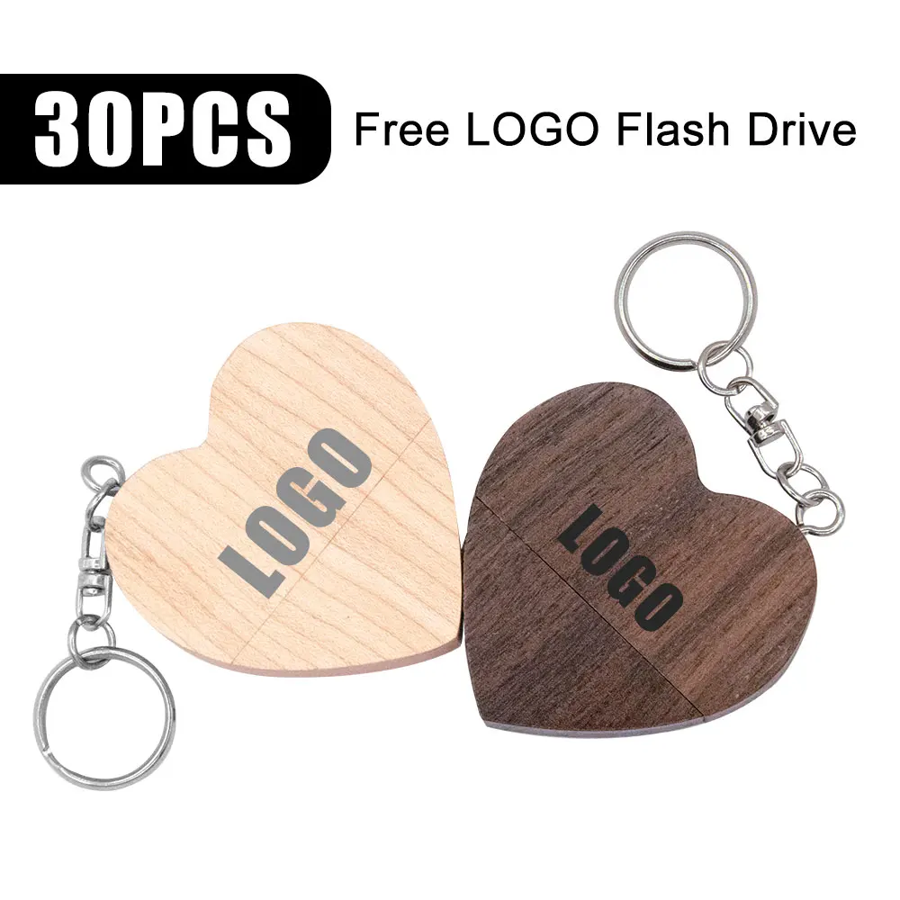 30 stücke kostenloses Logo Holz Liebe Herz USB 2,0 Flash-Laufwerk 4GB 8GB 16GB 32GB 64GB Hochzeits geschenke Stift treibt echte Kapazität Memory Stick