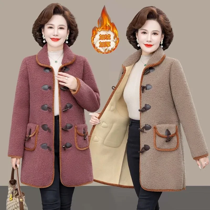 

Mother Winter Warm Coat 2024 New Fashion Middle-Aged Women's Thick Velvet Cotton Padded Jacket Female Long Woolen Coat Outerwear