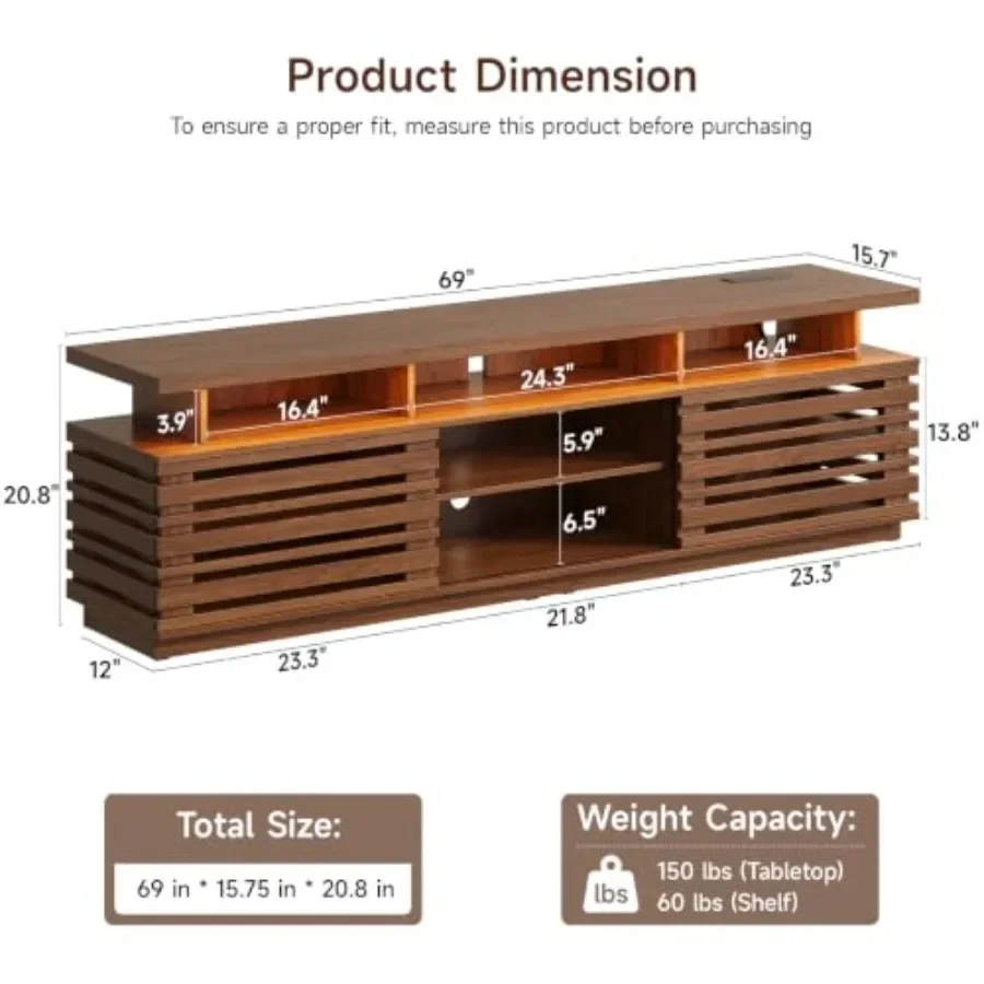 69 TV Stand for Living Room: Fluted Walnut Entertainment Center with Premium Wood Veneer, Warm Brown Finish, Spacious Storage C