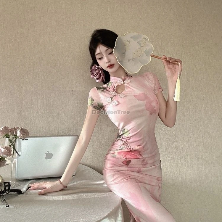 

2025 новое китайское улучшенное модное современное стильное платье с воротником-стойкой и коротким рукавом в стиле ретро с принтом для похудения, женское сексуальное платье Ципао