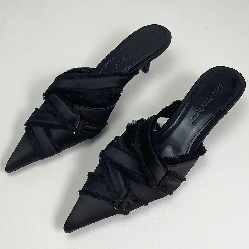 Pointed Toe Footwear Black Ladies Thin Heels Pumps Shoes Luxury Fashion Shallow Female Weave Medium Heels Shoes Women Mules