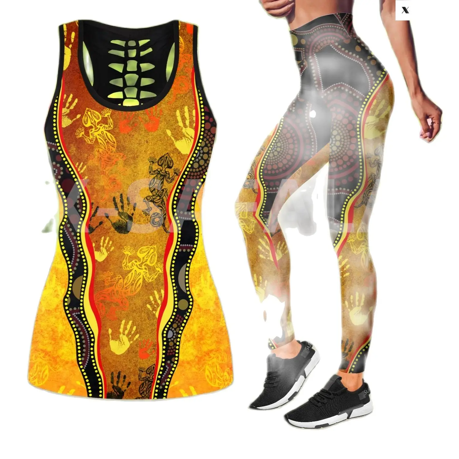 

Aboriginal Flag Painting Art Two Piece Yoga Set Women 3D Print Vest Hollow Out 4 Tank Top High Waist Legging Summer Casual Sport