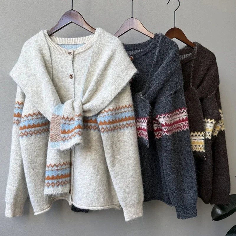 Loose Warm Knitted Cardigan Scarf Two-piece Set Fashion Versatile Cardigan Women Autumn New Matching A Scarf Cardigan Sweater