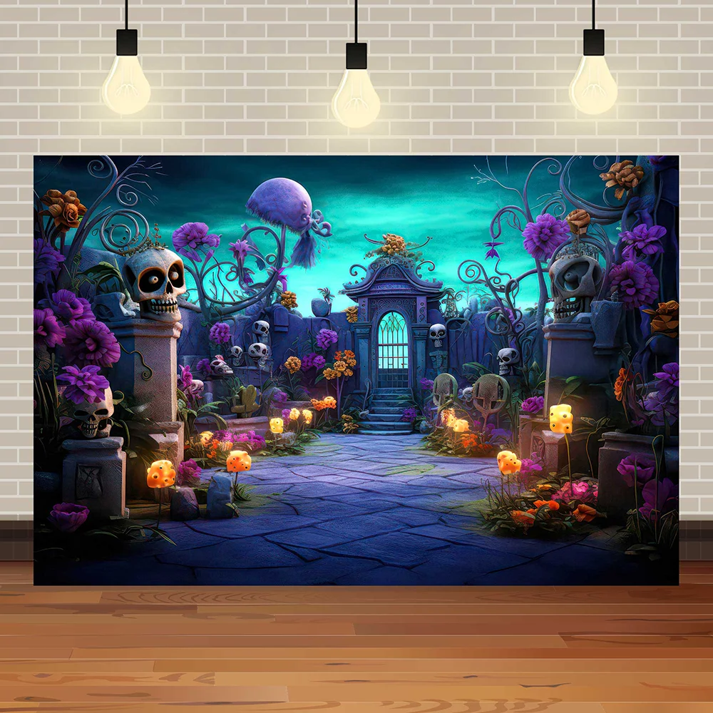 Halloween Eve Theme Skull Flowers Night Castle Moon Pumpkin Lights Skeleton Family Party Kids Photography Background Studio Prop