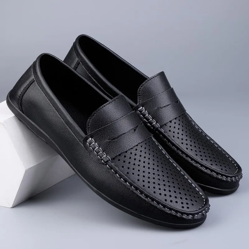 Soft Men Loafers Slip On Leather Men Casual Shoes Hollow Out Summer Footwear Flats Moccasins Plus Size 38-47