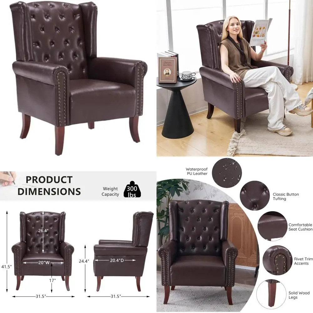

Mid-Century Style Faux Leather Accent Chair with Wooden Legs for Living Room