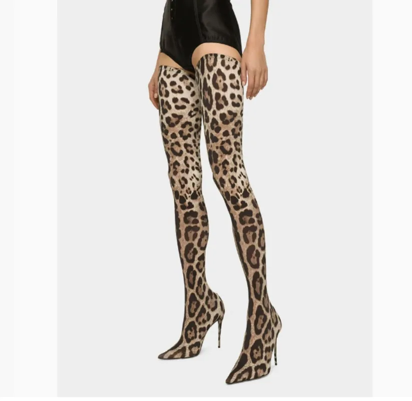 Ladies Over The Knee Women Boots  Super High Thin Heels Leopard Woman Long Boots Size 34-43