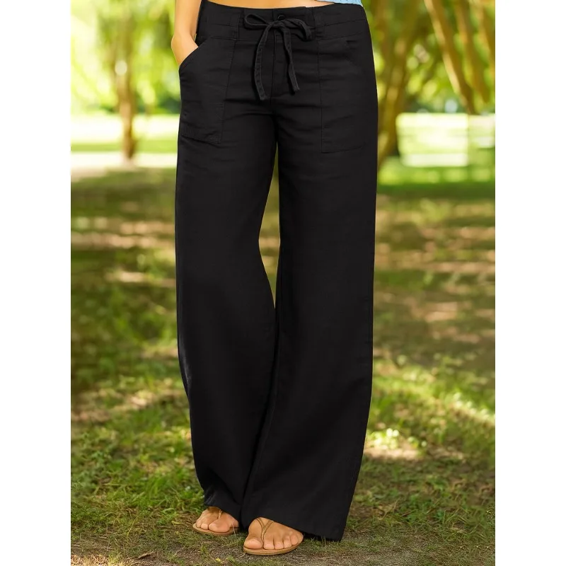 Pantaloni casual da donna in cotone e lino larghi tinta unita con tasca elastica in vita dritta con cinturino a vita alta tinta unita