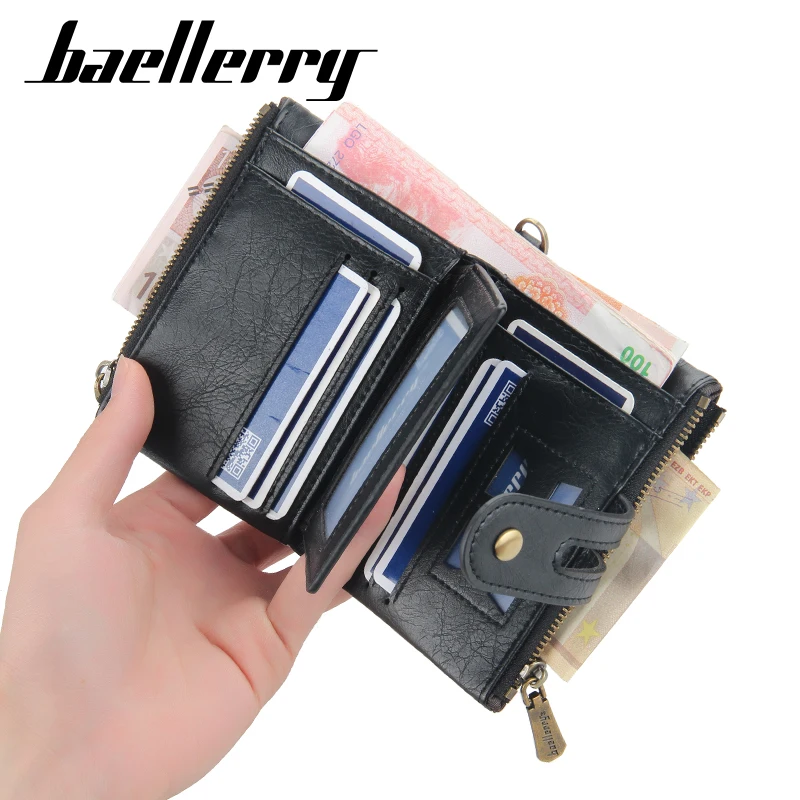 Baellerry Men Wallets Zipper Coin Pocket New Short Men Purse Multi Card Holders Vintage Double Zipper Mens Wallet Cartera