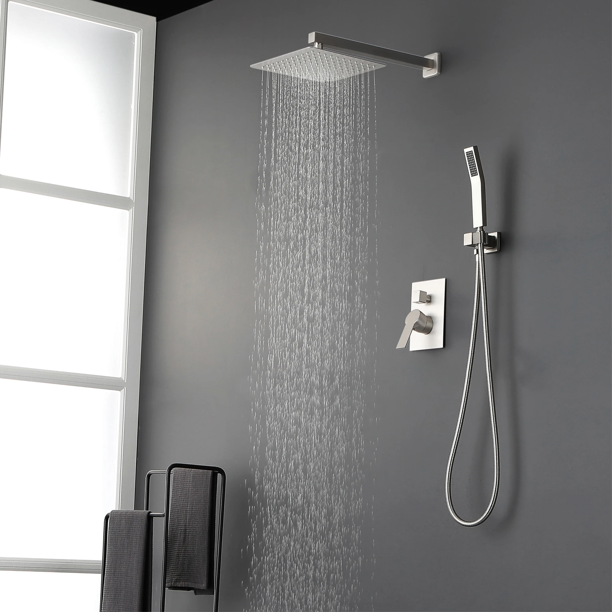 cUPC Brush Nickel wall mount bathroom thermostatic waterfall rainshower showerhead shower system with handheld hand shower head