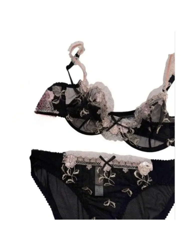 Damen Komfort-Lingerie-Set - YUQI Sexy Französische Spitzen-Bralette & Tanga, Dünne Cups für Große Brüste, Anti-Sag Alltags-Unterwäsche