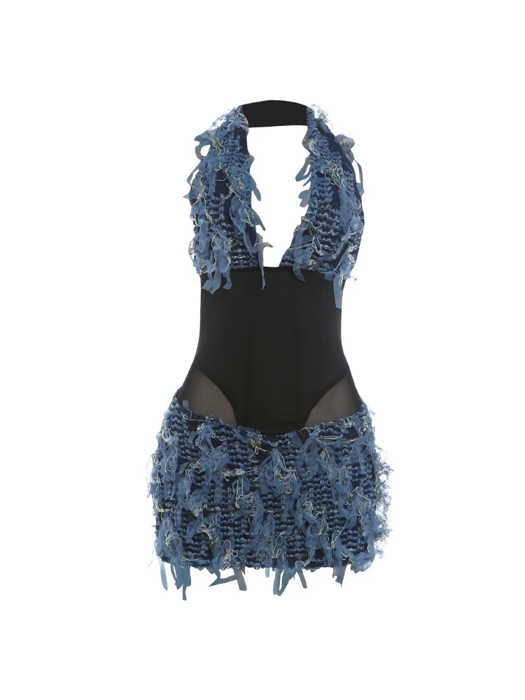 Weird Puss Mesh-Quasten-Dekoration Mini-Kleid Damen Sommer-Trend Neckholder Tiefer Ausschnitt Rückenfrei Ärmellos Tailliert Mode Bodycon – Detail 2
