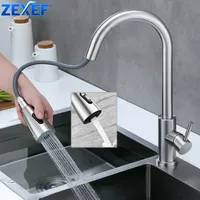 ZEXEF 304 Stainless Steel Articulated Faucet Kitchen Sink Mixer Tap Only Single Hole Pull Out Spout Stream Sprayer 360 Rotation