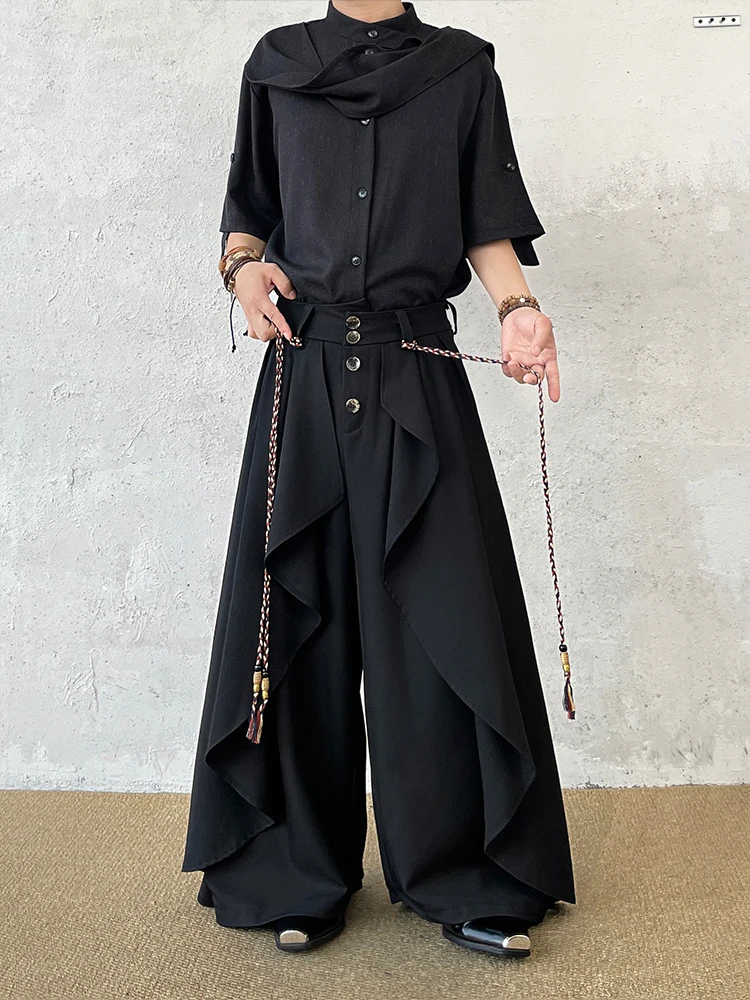 BKYC Japanese Retro Design Tassel Splicing Unisex Wide Leg Draped Nine Points West Pants Youth Casual Loose Fit Trousers