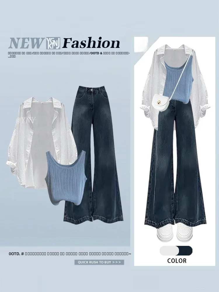 

Повседневный свободный джинсовый топ с высокой талией, широкие брюки, жилет, комплект из футболки, осенняя женская одежда Faion, винтажный комплект