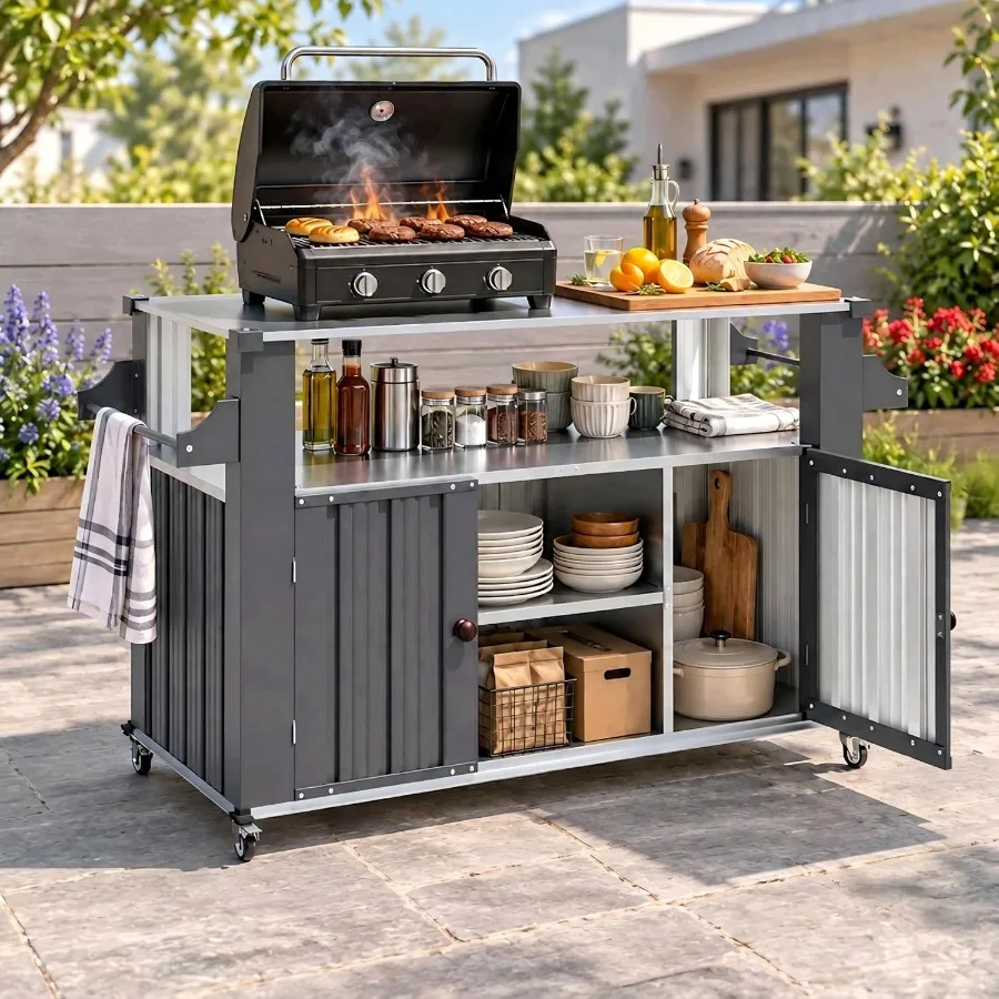 Outdoor grill cart with stainless steel top, dark grey finish, 2-tier storage cabinet and wheels for patio BBQ prep and utility