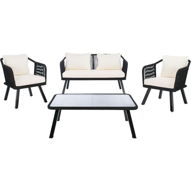 

Outdoor Collection Torsla Wicker Cushion 4-Piece Rope Patio Backyard Living Set PAT7520B, Black/Beige