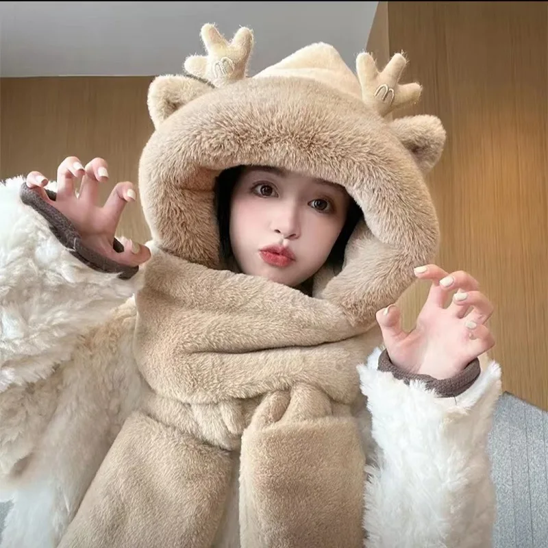 Winter Longbao scarf and gloves integrated three-piece set, cute antlers, thickened warm plush  female parent-child model hat