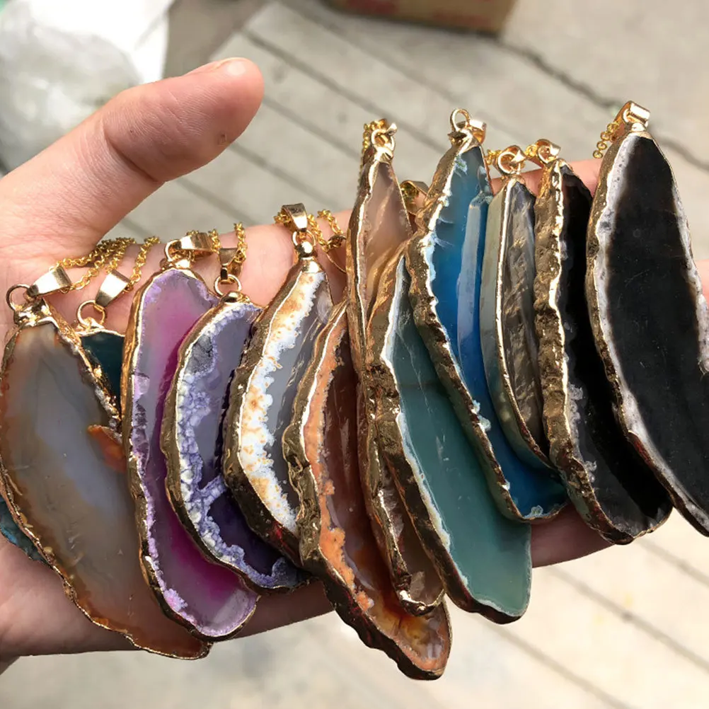 

3 pcs Irregular Natural Agate Stone Slice Plated Brim Diy Hanging Accessories For Jewelry Necklace Sweater Zipper Wind Chime