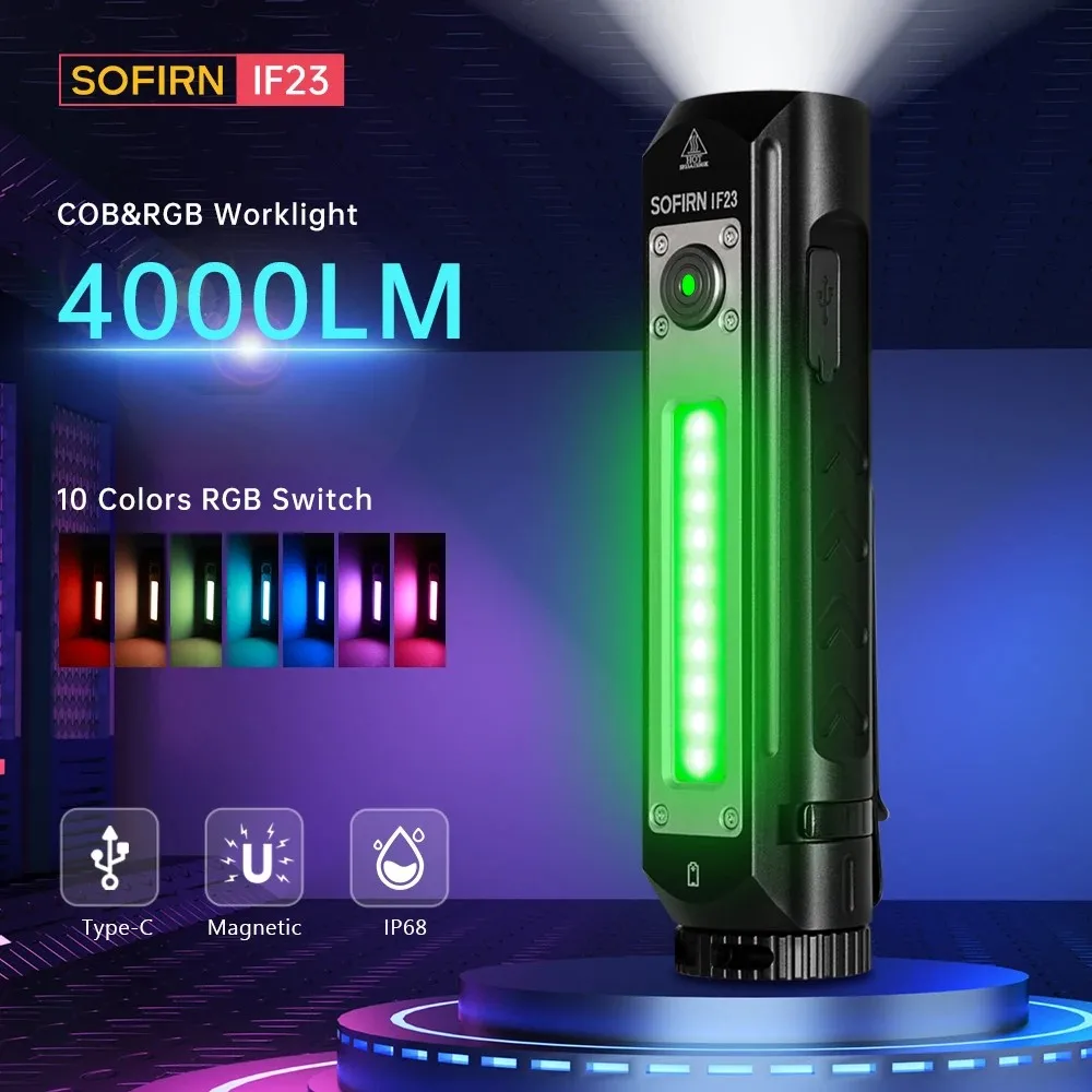 Sofirn IF23 RGB 빛 4000lm 강력한 LED 손전등 21700 5V 3A USB C 충전식 투광 조명 스포트라이트 토치 마그네틱