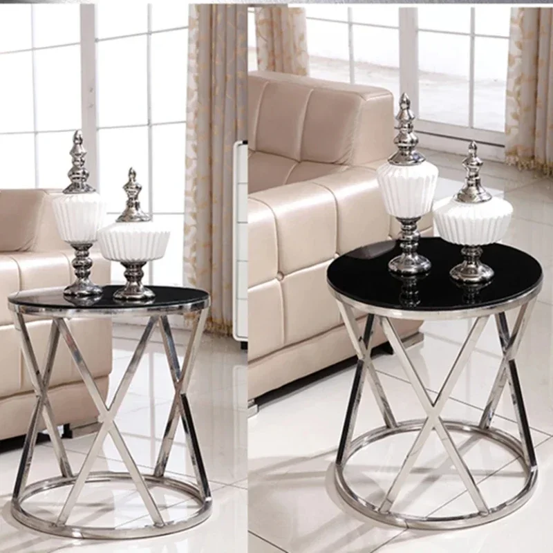 Stainless Steel Sofa Side Table Corner Table  Small Apartment Living Room Round Coffee End Tempered Glass Marble Top