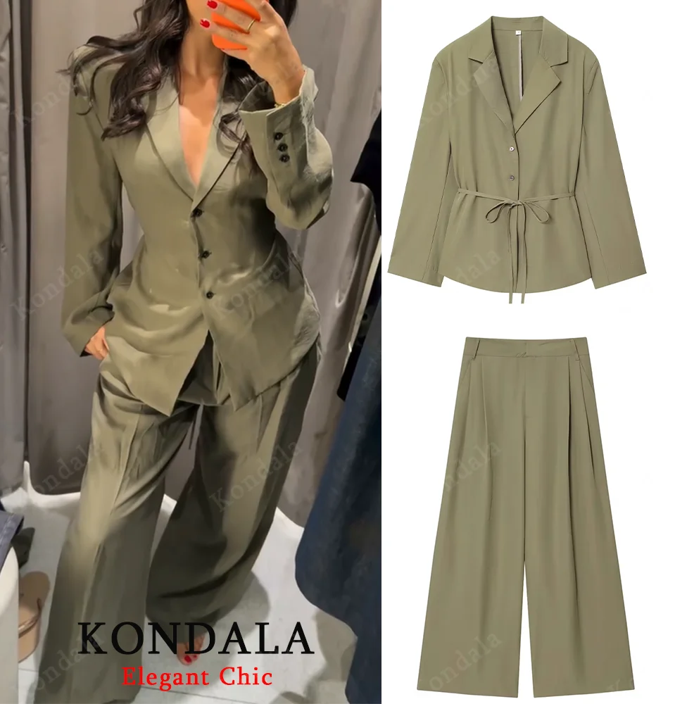 

KONDALA Women Vintage Set Belt Button Blazer Pocket Long Pants New 2025 Spring Autumn Fashion Office Lady Casual Mujer Pants Set