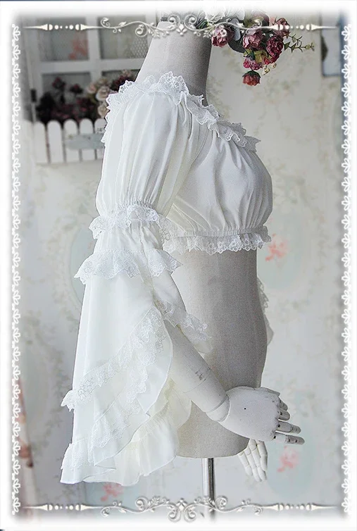 Sweet Detachable Flare Lace Sleeve Chiffon Blouse Ruffled Short Women\'s Crop Top White/Black/Ivory by Infanta