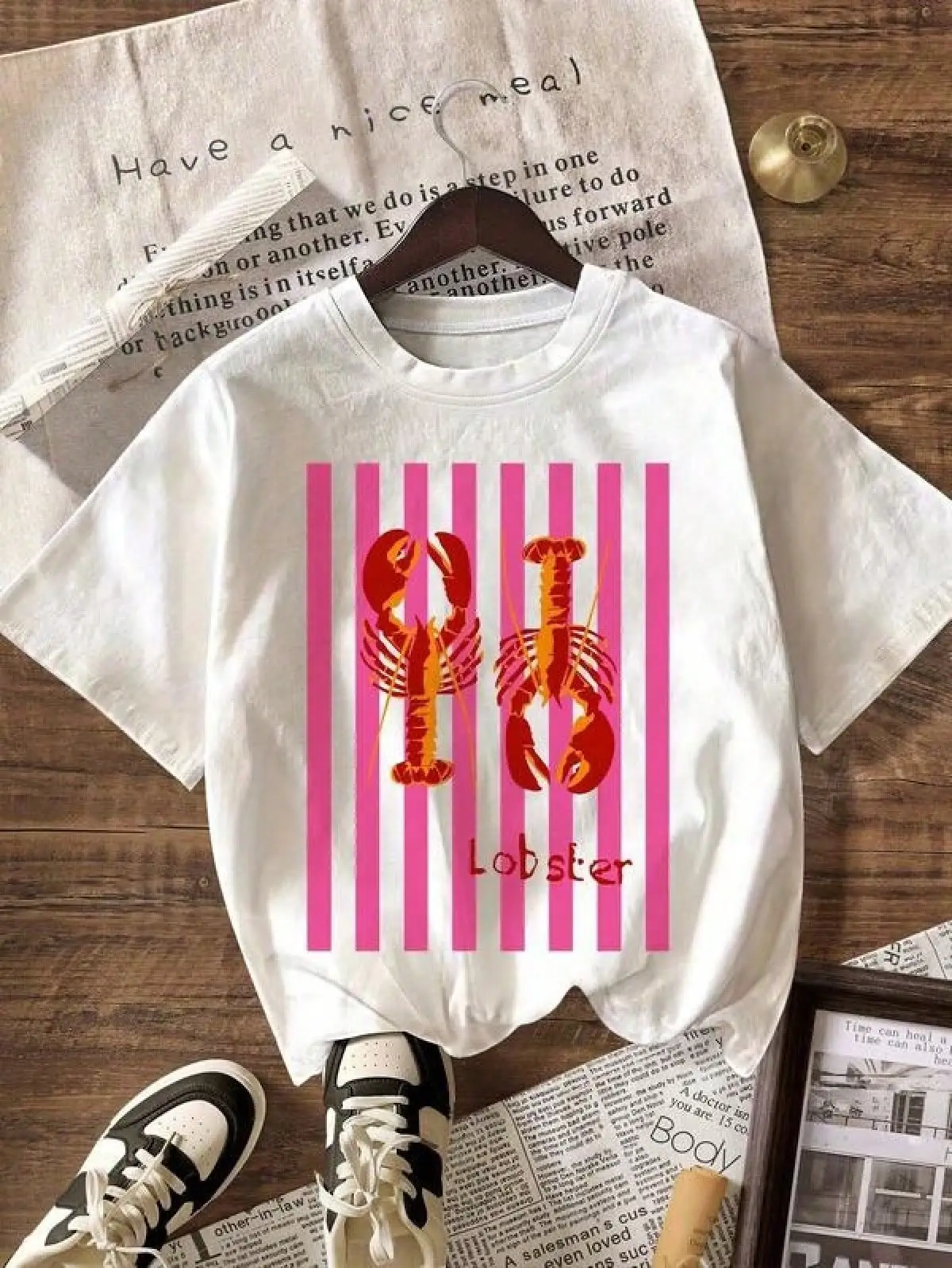 T Shirt Print ,Graphic-Cotton Tees Size Plus,Women's Casual Lobster Graphic Print Round Neck Short Sleeve T-Shirt, Summer White,Y2K,Oversized Shirt