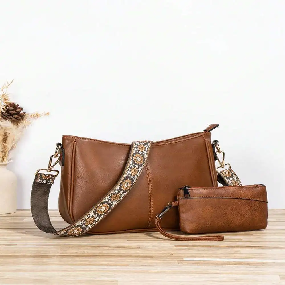 

Vintage Style Vegan Leather Bag - Wide Embroidered Guitar Strap Crossbody Hobo For Daily Commute & Dates