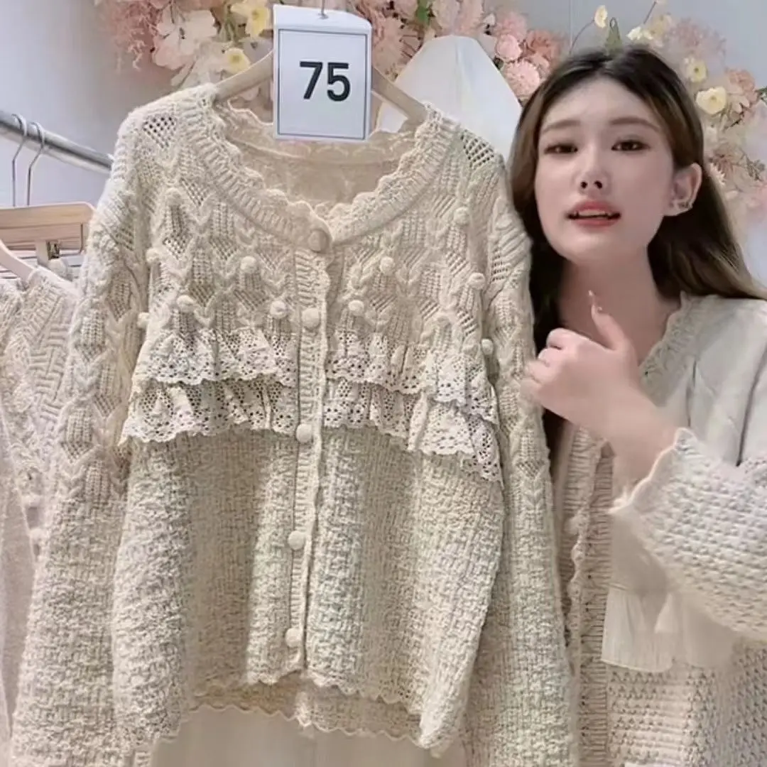 

Sweet Designer Patchwork Knit Cardigan for Women Spring Autumn New Style Loose Soft Cozy Long Sleeve Outerwear Top Sweater Mujer