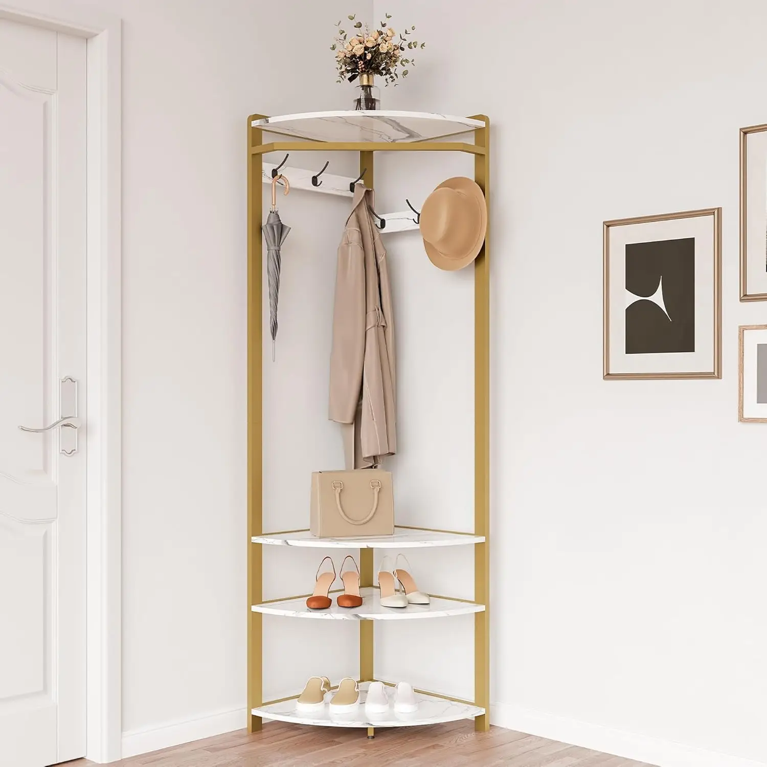 

Coat Rack Stand Corner Hall Tree with Shoe Bench 6 Hooks Storage Shelf Freestanding Coat Rack Coat Stand for Entry Hall Bathroom