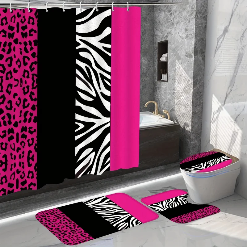 

4 шт./компл. водонепроницаемая занавеска для душа с леопардовым принтом, нескользящим ковром, чехлом на сиденье унитаза, ковриком для ванной и 12 пластиковых крючками