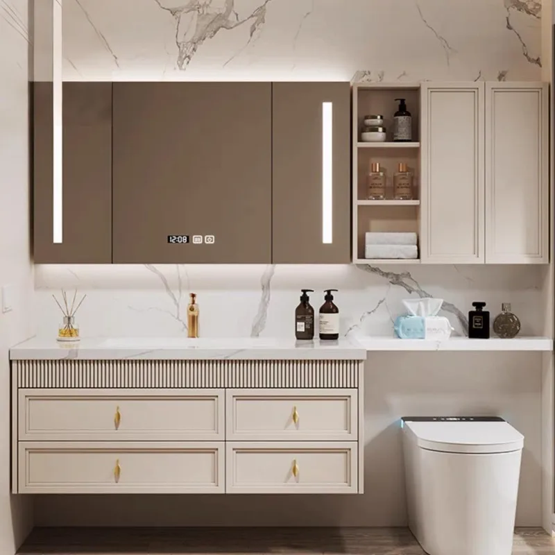 French modern style solid wood bathroom vanity cabinet with extended side panels and wall-mounted soft-closure designs