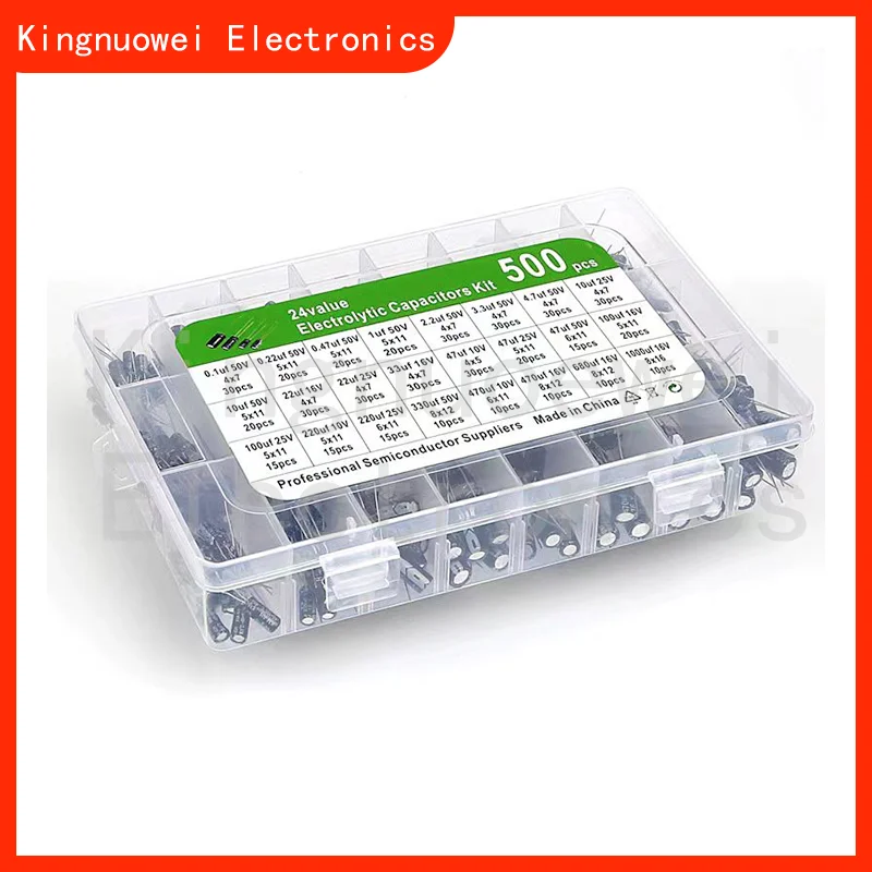 

500pcs 24value Electrolytic Capacitors Kit 10V 16V 25V 50V 1uf-1000uf mix Electrolytic capacitor Assorted kit and storage box