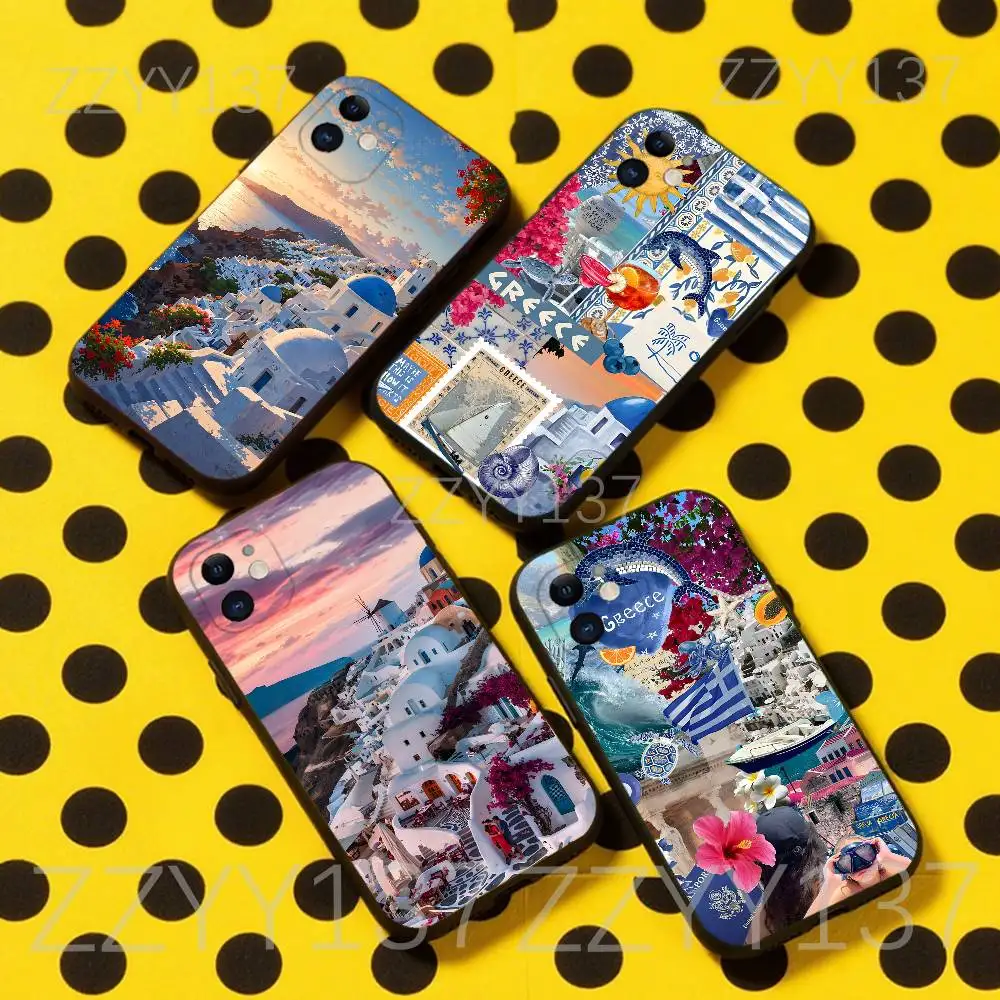 

Greek Santorini Summer For iPhone 17,16,15,14,13,12,11,Air,X,XR,Pro,Max,Plus Black Soft Silicone Cover Phone Case