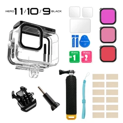 Funda impermeable para GoPro Hero 11, 10, 9, carcasa negra con insertos antiniebla, Protector de pantalla de vidrio templado, empuñadura flotante