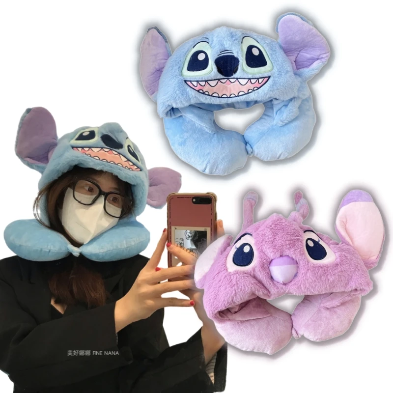 Lovely Lilo Stitch Travel Blackout Neck Pillow Kawaii Stitch and Angel Hooded U-shaped Neck Pillow Lolita Girl Xmas Gifts