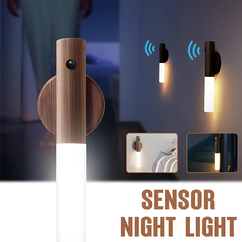 LED Wood Night Light PIR Motion Sensor Magnetic Wall Lamp USB Rechargeable Lights Home Staircase Bedroom Lamp Bedside Lighting