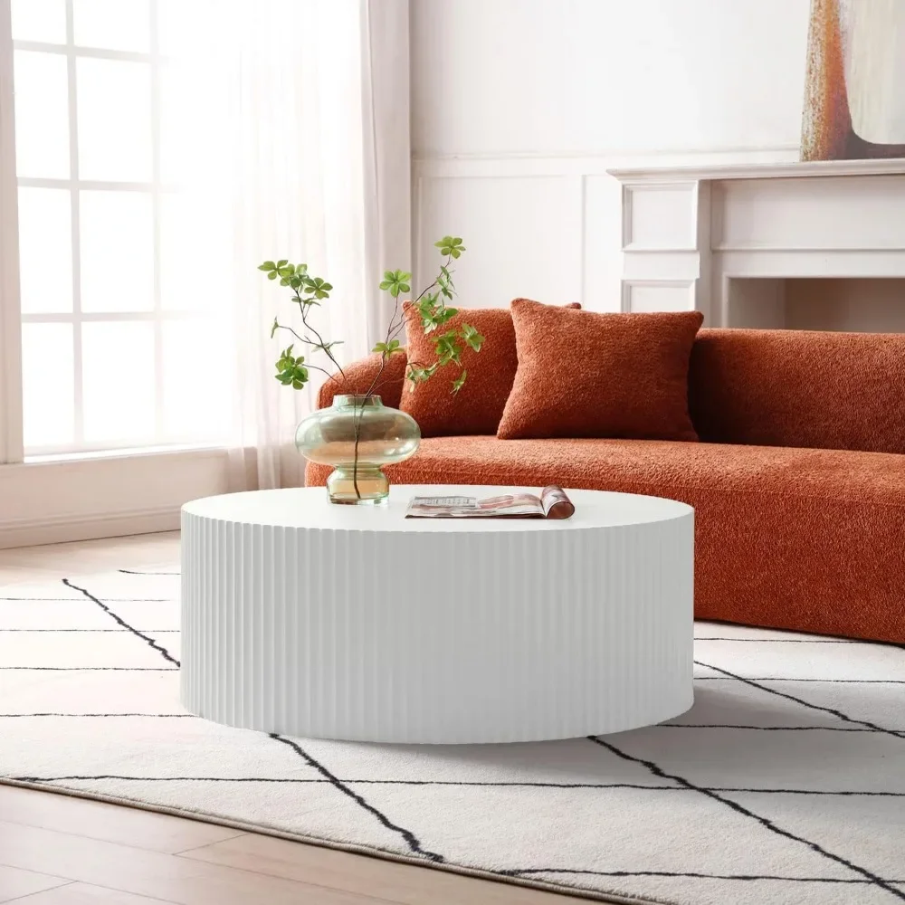 Round White Coffee Table for Living Room - Handcrafted Wooden Drum Table, Fully Assembled Circle Coffee Tables