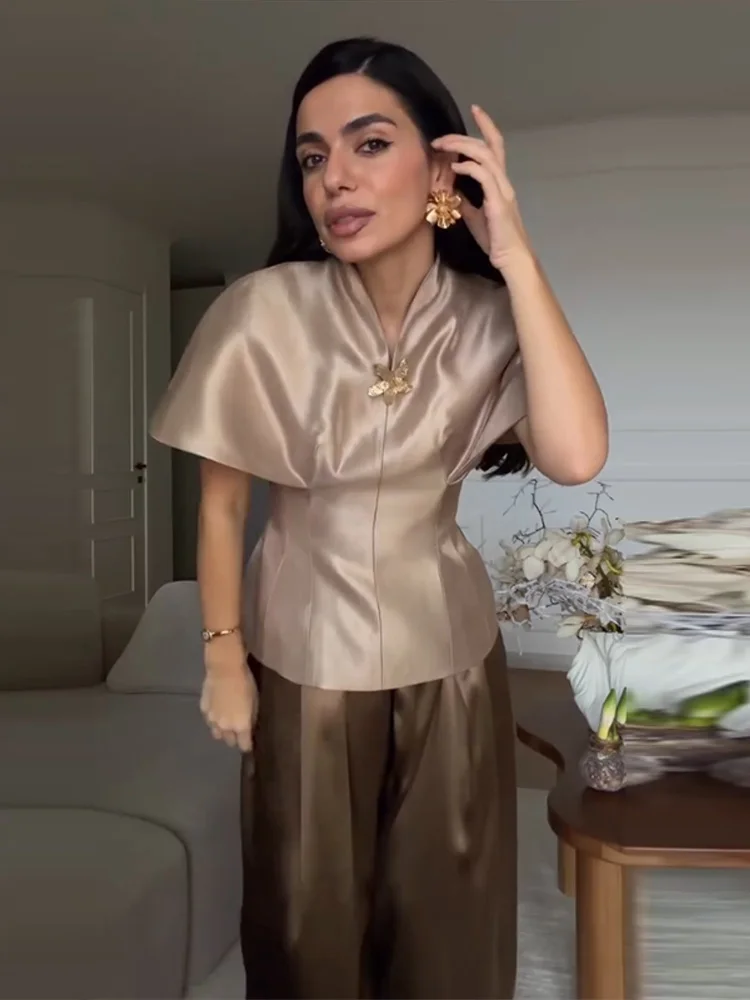 Elegant Champagne Cloak Cinched-waist Top Women Chic V-neck Short-sleeved Slim Crop A-line Tops 2026 Lady Casual Daily Blouses