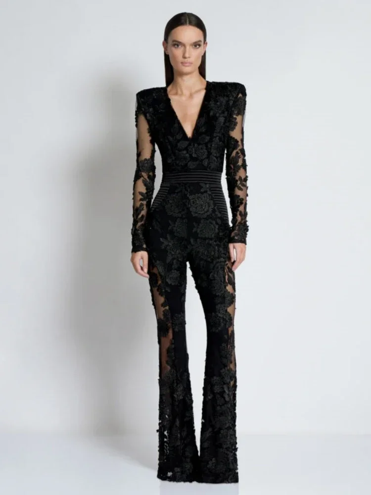 2025 Nieuwe Sexy Lange Mouw Bloemen Diamanten Borduren Jumpsuit Vrouwen Zwarte V-hals Mesh Patchwork Kralen Jumpsuit Cocktail Party