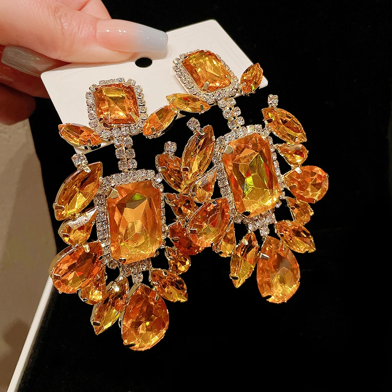 Orange Rhinestone Geometric Earrings for Women Retro Exaggerated Drop Earrings Temperament Party Accessories Girls Gifts