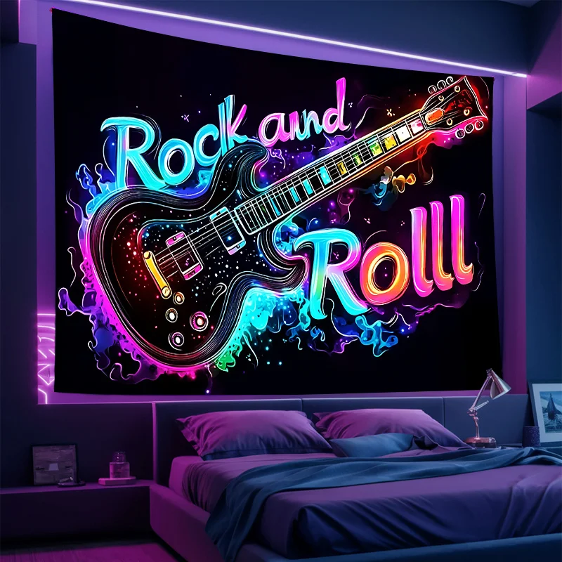 Neon Rock Tapestry Electric Guitar Music Theme Background Rock Bar Decoration Trendy Cool Atmosphere