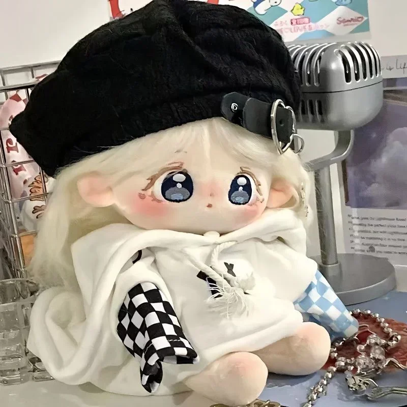 20cm White Fried Hair Plush Doll Cute Sweet Big Eyes Embroidered Plushie Stuffed Toys Kids Girls Gift Dolls Outfit