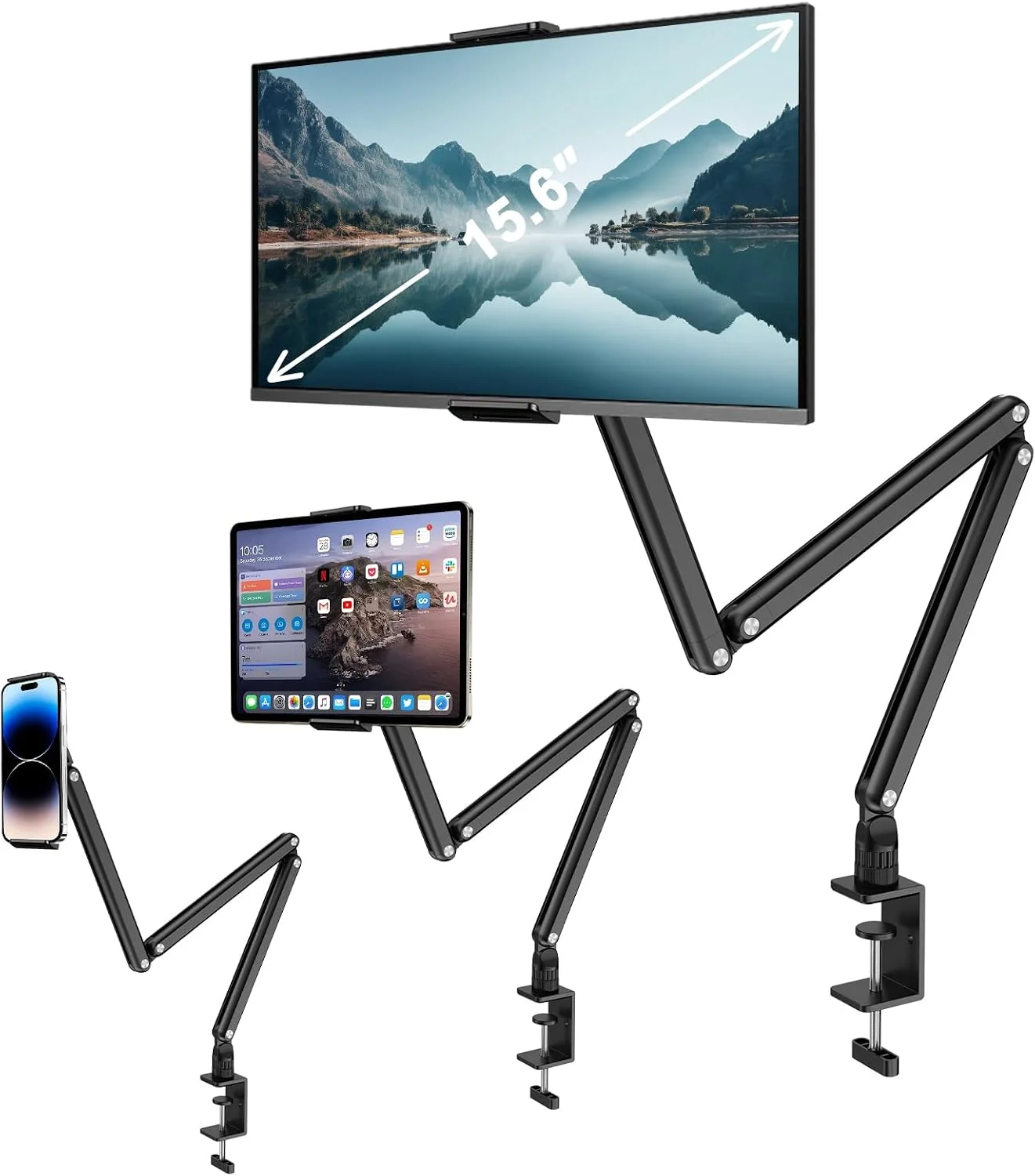 3Arm Aluminum Alloy Tablet Stand,Adjustable Arm Holder For Portable Monitor 4.7-15.6'' For iPad 10/9th, iPad 13/12.9/11''Series
